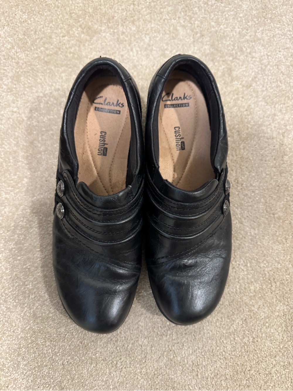 Clarks Black Leather Slip-On Mules with Decorative Button Straps - Picture 3 of 6